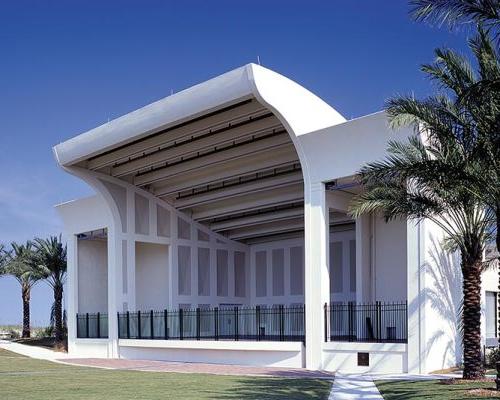 Exterior photo of Sea Walk Pavilion. Palm trees line either side of the venue.